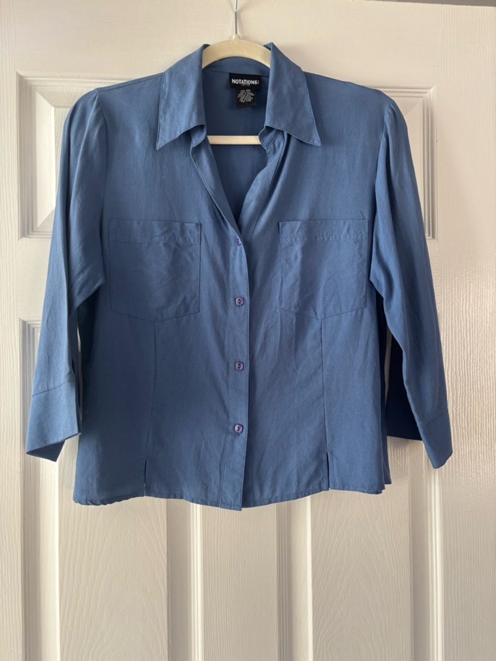 Blue 100% Silk button up collared 3/4 sleeve blouse with pockets and slits